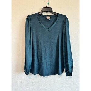 Chico's 3 Women's Teal Blue Long Sleeve Pullover V Neck Blouse XL